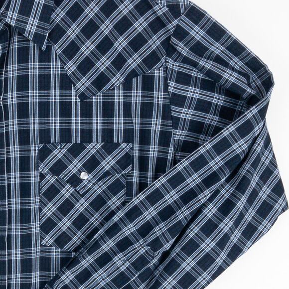 Plains Western Shirt Men's Large Long Sleeve Pearl Snaps Plaid Blue White - Picture 5 of 11